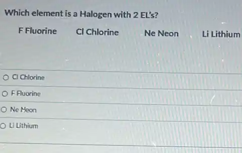 Which element is a Halogen with 2 EL's?
F Fluorine CI Chlorine	Ne Neon	Li Lithium
Cl Chlorine
F Fluorine
Ne Meon
Li Lithium