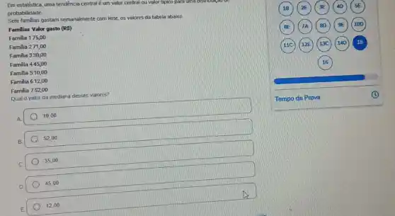 Em estatistica, uma tendência central é um valor central ou valor típico para uma distributiva que probabilidade.
Sate familias gastam semanalmente com leite, os valores da tabela abaixo.
Familias Valor gasto (RS)
Familia 17,500
Familia 271,00
Familia 330,00
Familia 445,00
Familia 510,00
Familia 612,00
Familia 752,00
Qual o valor da mediana desses valores?
A.
10,00
Tempo de Prova
B.
52,00
c.
35,00
D.
45,00
E.
12,00