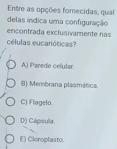 Entre as opções fornecidas, qual
delas indica uma configuração
encontrada exclusivamente nas
células eucarióticas?
A) Parede celular.
B) Membrana plasmática.
C) Flagelo.
D) Cápsula.
E) Cloroplasto.