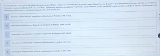 equivalencia patrimonial na controladora hazeria 5 mathrm(~A) deve resultar em:
A Aumento no investimento e Aumento no Resultado do Periodo de R 25200
B Reduçlo no Investimento e Reduçlo no Resultado do Periodo de R 52500
C Aumento no Investimento e Aumento no Resultado do Periodo de R 16400
D Aumento no Investimento e Aumento no Resultado do Periodo de R 6100
E Reduçlo no Investimento e Reduçlo no Resultado do Periodo de R 16400