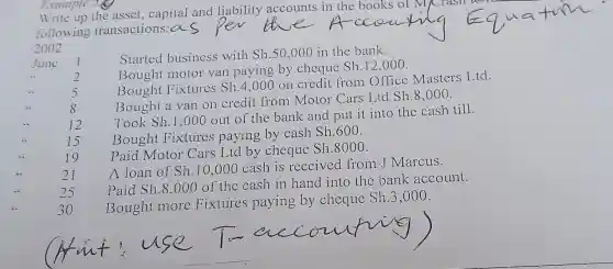 Example 3
Write up the asset , capital and liability accounts in the books ol M/Crash
2002
June
Started business with Sh.50,000 in the bank.
Bought motor van paying by cheque
Bought Fixtures Sh.4,000
on credit from Office Masters Ltd.
Bought a van on credit from Motor Cars Ltd
Sh.8,000
Took Sh.1,000
out of the bank and put it into the cash till.
Sh.8000
A loan of Sh.10,000
cash is received from J Marcus.
25
Paid Sh.8,000
of the cash in hand into the bank account.
30
Bought more Fixtures paying by cheque
Sh.3,000