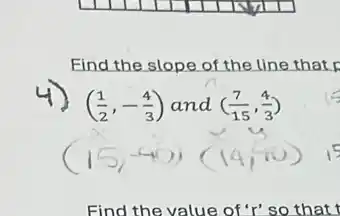 Find the slope of the line that r
((1)/(2),-(4)/(3)) and ((7)/(15),(4)/(3))
Find the value of 'r'so that t