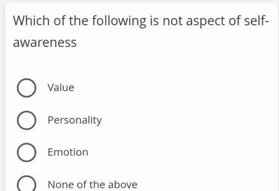 Which of the following is not aspect of self-
awaren ess
Value
Personality
Emotion
None of the above