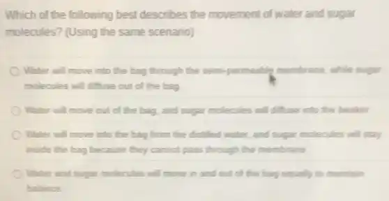 Which of the following best describes the movement of water and sugar
molecules? (Using the same scenario)
Water will move into the bag through the semi-permeable membrane while sugar
molecules will diffuse out of the bag.
Water will move out of the bag, and sugar molecules will diffuse into the beaker
Water will move into the bag from the distilled water, and sugar molecules will stay
inside the bag because they cannot pass through the membrane
Water and sugar molecules will move in and out of the bag equally to maintain
balance
