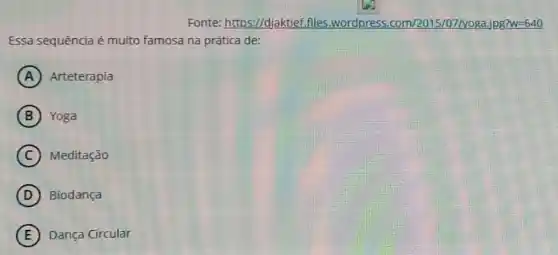 Fonte: https://djaktief.files .wordpress com/2015/07/yoga.jpg?w=640
Essa sequência é muito famosa na prática de:
A Arteterapia
B Yoga
C Meditação
D Biodança
E Dança Circular