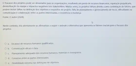 fracasso dos projetos pode ser devastador para as organizações, resultando em perda de recursos financeiros reputação prejudicada,
desmotivação da equipe e impactos negativos nos stakeholders. Muitas vezes, os projetos falham devido a uma combinação de fatores, que
podem incluir falhas na definição dos objetivos e requisitos do projeto, falta de planejamento e gerenciamento de riscos, dificuldades na
comunicação e colaboração entre as partes interessadas, e resistência à mudança.
Fonte: O autor (2024).
Neste contexto, leia atentamente as afirmativas a seguir e assinale a alternativa que apresenta os fatores cruciais para o fracasso dos
projetos.
a. Escassez de recursos humanos qualificados.
b. Comunicação eficaze clara.
c. Planejamento adequado dos recursos humanos, materials e cronograma.
d. Consenso entre as partes interessadas.
e. Flexibilidade extrema nas definições de objetivos.