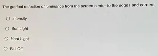 The gradual reduction of luminance from the screen center to the edges and corners.
Intensity
Soft Light
Hard Light
Fall Off