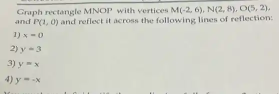 Graph rectangle MNOP with vertices M(-2,6),N(2,8),O(5,2)
and P(1,0)
and reflect it across the following lines of reflection:
1) x=0
2) y=3
3) y=x
4) y=-x