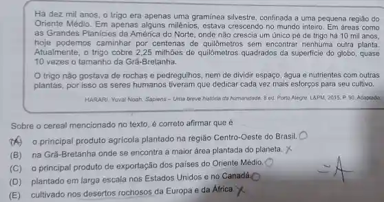 Há dez mil anos , o trigo era apenas uma gramínea silvestre, confinada a uma pequena região do
Oriente Médio Em apenas alguns milênios, estava crescendo no mundo inteiro. Em áreas como
as Grandes Planícies da América do Norte , onde não crescia um único pé de trigo há 10 mil anos,
hoje podemos caminhar por centenas de quilômetros sem encontrar nenhuma outra planta.
Atualmente, o trigo cobre 2,25 milhões de quilômetros quadrados da superficie do globo , quase
10 vezes o tamanho da Grã -Bretanha.
trigo não gostava de rochas e pedregulhos, nem de dividir espaço , água e nutrientes com outras
plantas, por isso os seres humanos tiveram que dedicar cada vez mais esforços para seu cultivo.
HARARI, Yuval Noah Sapiens - Uma breve história da humanidade. 8 ed. Porto Alegre. L&PM , 2015. P. 90. Adaptado.
Sobre o cereal mencionado no texto, é correto afirmar que é
principal produto agrícola plantado na região Centro -Oeste do Brasil. O
(B)na Grã-Bretanha onde se encontra a maior área plantada do planeta.
(C)o principal produto de exportação dos países do Oriente Médio. O
(D)plantado em larga escala nos Estados Unidos e no Canadá.()
(E)cultivado nos desertos rochosos da Europa e da Africa.