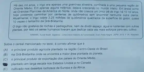 Há milênios, estava crescondo no mundo Inteiro. Em droas como
Há dez mil anos, o trigo ora apenas uma graminea silvostro, confinada a uma pequona rogi3o do
as Grandes Planicies da América do Norto, ondo nào crescla um único po do trigo há 10 mil anos
hoje podemos caminhar por centenas de qullómetros sem encontrar nenhuma outra planta.
Atualmente, o trigo cobre 2,25 milhoes de quilômetros quadrados da superficlo do globo, quase
10 vezes o tamanho da Grá-Bretanha.
trigo nào gostava de rochas a pedregulhos nom do dividir espaco agua o nutrientes com outras
plantas, por isso os seres humanos tiveram que dedicar cada vez mais esforços para sou cultivo.
HARARI, Yuval Noah. Bapiens - Uma brove histórla do humanidado. B ed Porto Alegre: LaPM, 2016 P 90 Adaptado
Sobre o cereal mencionado no texto, é correto afirmar que 6
(A) o principal produto agricola plantado na região Centro-Oeste do Brasil.
(B) na Grá-Bretanha onde se encontra a malor área plantada do planeta
(C) o principal produto de exportação dos países do Orlente Médio.
plantado em larga escala nos Estados Unidos e no Canadá.
(E) cultivado nos desertos rochosos da Europa e da África.