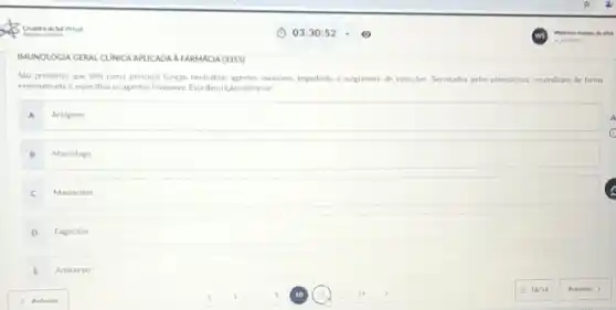 IMUNOLOGIA CERAL CLINICAAPUCADA A FARMACIA (3355)
Sao proteinas que tem como principal functio neutralizar agentes invasores, impedindo o surgimento de infecióes Secretados pelos plasmocitos, neutralizan de forma
especializada e especifica os agentes Invasores. Esta descricio refere-se :
A Antigeno
B Macrofago
C Mastocitos
D Fagócitos
E Anticorpo