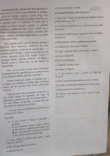 Inconsciente da vida que the fora entregue, a
inha passou a morar com a familia. A menina.
volta do colégio, jogavn a pasta longe sem
comper a corrida para a cozinha. O pai de vez
n quando ainda se lembruva."E"dizer que a
origuel a cortor naquele estadol", A galinha
mara-se a rainha da casa. Todos, menos cla,, o
abiam. Continuou ontre a cozinha c o terraço dos
undos, usando suas duas capacidades: a de apatia
a do sobressalto.
Mas quando todos estavan quietos na casa c
pareciam té-la esquecido,enchia-se de uma
pequena coragem, resquicios da grande fuga - 0
circulava pelo ladrilho, o corpo avançando atrás da
cabeça, pausado como num campo, embora a
pequena cabega a traisse:mexendo-se rápida c
com o velho susto do sua especie ja
mecanizado.
Uma vez ou outra.sempre mais raramente,
lembrava de novo a galinha que se recortara contra
ar a beira do telhado, prestes a anunciar.
Nesses momentos enchia os pulmoes com o
ar impuro di cozinha e, se fosse dado as femeas
cantar, ela nào cantaria.mas ficaria muito mais
contente.
Embora nem nesses instantes a expressão de
sua vazia cabeca se alterasse. Nu fuga, no
descanso, quando deu d luz ou bicando millo
__
era uma cubeça de galinha, a mesma que fora
desenhada no começo dos seculos.
Aré que um dia mataram-na, comeram-na e
passaram-se os anos.
Responda
motiva o rapaz i perseguir a
galinba?
a) The precisava pratear alsum esporte
um animal raro
familia
d) Hequeria protego-la do perigo.
2. O que imediatamente apos o rapar
capturar a galinha?
a) Ela consegue fugir novamente.
iovarition
b) Ela poo um ove.
c) Ela tenta atacar o rapaz.
d) A familia decide matá-la na hora.
3. Qual foi a reação da familia ao descobrir que a
galinha pôs um ovo?
a) Decidiram mantê-la viva e adotá-la como parte
da familia.
b) Ficaram indiferentes e seguiram com os planos
de matá-la.
c) Resolveram vender a galinha no mercado.
d) Fizeram uma festa para celebrar.
4. Como a galinha é descrita durante o conto?
a) Forte e destemida.
b) Fraca e inteligente.
c) Estúpida, timida c livre
d) Alegre e amistosa.
5. O que acontece com a galinha no final da
história?
a) Ela é esquecida pela familia e morre sozinha.
b) Emorta e comida pela familia apos alguns anos.
c) Foge novamente e desaparece.
d) Toma-se uma mascote c vive o resto de seus
dias feliz.