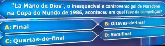 "La Mano de Dios", o inesquecíve e controverso gol de Maradona
na Copa do Mundo de 1936, aconteceu em qual fase da competição?
A: Final
B: Oitavas-de -final
C Quartas -de-final
D: Semifinal