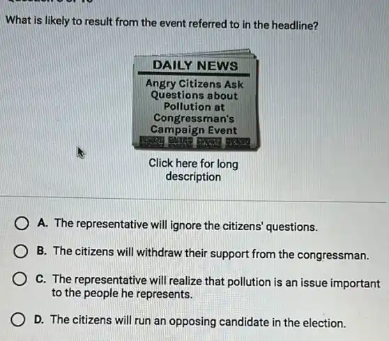 What is likely to result from the event referred to in the headline?
DAILY NEWS
Angry Citizens Ask Questions about Pollution at Congressman's Campaign Event
Click here for long description
A. The representative will ignore the citizens' questions.
B. The citizens will withdraw their support from the congressman.
C. The representative will realize that pollution is an issue important to the people he represents.
D. The citizens will run an opposing candidate in the election.