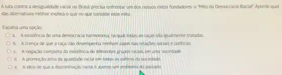 A luta contra a desigualdade racial no Brasil precisa enfrentar um dos nossos mitos fundadores: 0 "Mito da Democracia Racial!"Aponte qual
das alternativas methor explica o que no que consiste esse mito.
Escolha uma opção:
a. A existência de uma democracia harmoniosa, na qual todas as raças são igualmente tratadas.
b. A crenca de que a raça não desempenha nenhum papel nas relações sociais e politicas
C. A negação completa da existência de diferentes grupos raciais em uma sociedade
d. A promoção ativa da igualdade racial em todas as esferas da sociedade
e. A ideia de que a discriminação racial é apenas um problema do passado