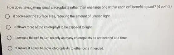 How does having many small chloroplasts rather than one large one within each cell benefit a plant? (4 points)
It decreases the surface area, reducing the amount of unused light.
It allows more of the chlorophyll to be exposed to light
It permits the cell to turn on only as many chloroplasts as are needed at a time.
It makes it easier to move chloroplasts to other cells if needed.