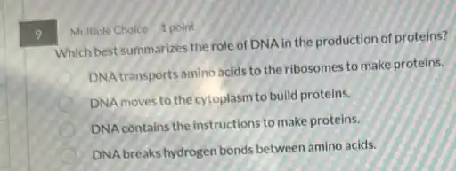 Multiple Choice 1 point
Which best summarizes the role of DNA in the production of proteins?
DNA transports amino acids to the ribosomes to make proteins.
DNA moves to the cytoplasm to build proteins.
DNA contains the instructions to make proteins.
DNA breaks hydrogen bonds between amino acids.