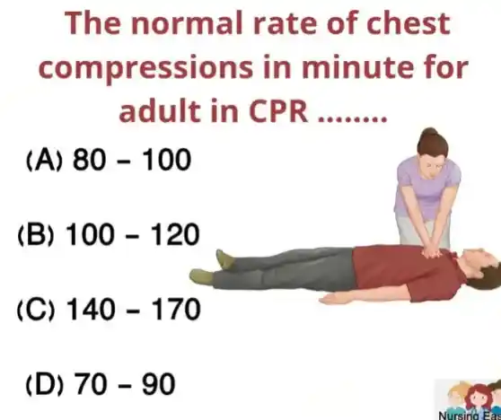 The normal I rate of chest
compressions in minute for
adult in CPR __
(A) 80-100
(B) 100-120
(C) 140-170
(D) 70-90