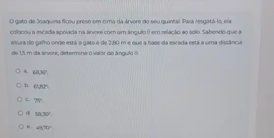 Ogato de Joaquina ficou preso em cima da arvore do seu quintal Para resgatá-lo, ela
colocou a escada apoiada na árvore com um ângulo 8 em relação ao solo. Sabendo que a
altura do galho onde está o gato é de 2,80 me que a base da escada está a uma distância
de 1,5 m da árvore , determine o valor do ângulo Q:
a. 68,16^circ .
b. 61,82^circ .
C. 75^circ 
d. 58,30^circ 
e. 49,70^circ