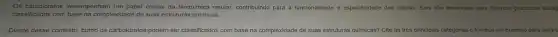 Os carboldratos desempenham um papel crucial na bioquimica celular, contribuindo para a funcionalidade e especificidade das células. Eles são essencials para diversos processos biology
classificados com base na complexdade de suas estruturas quimicas.
Dlante desse contexto, como os carboidratos podem ser classificados com base na complexidade de suas estruturas quimicas? Cite as trés principals categorias e forneça um exemplo para cada