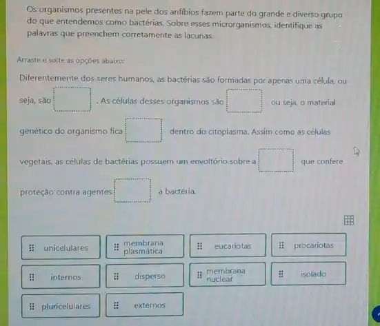 Os organismos presentes na pele dos anfibios fazem parte do grande e diverso grupo
do que entendemos como bacérias. Sobre esses microrganismos identifique as
palavras que preenchem corretamente as lacunas.
Arraste e solte as opçōes abaixo:
Diferentemente dos seres humanos as bactérias são formadas por apenas uma célula,ou
seja, sǎo square  As células desses organismos sao square  ou seja, o material
genético do organismo fica square  dentro do citoplasma. Assim como as células
vegetais, as células de bactérias possuem um envoltorio sobre a square  que confere
proteção contra agentes square  à bactéria.
: unicelulares
: membrana
plasmática
eucariotas
: procariotas
:
internos
disperso
: membrana
isolado
: pluricelulares
externos