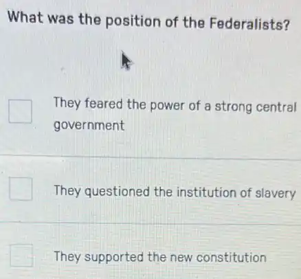 What was the position of the Federalists?
They feared the power of a strong central
government
They questioned the institution of slavery
They supported the new constitution