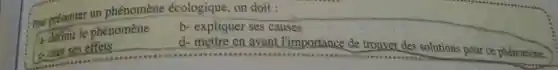 pour présenter un phénomène écologique, on doit :
a- definir le phénomène
c-citer ses effets
b- expliquer ses causes
d- mettre en avant limportance de trouver des solutions pour ce phénomène.