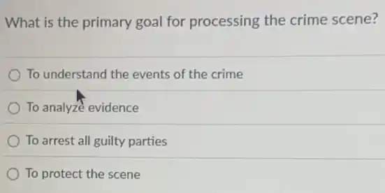 What is the primary goal for processing the crime scene?
To understand the events of the crime
To analyze evidence
To arrest all guilty parties
To protect the scene