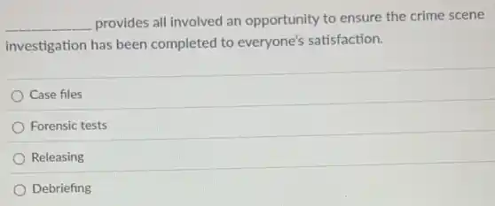 __
provides all involved an opportunity to ensure the crime scene
investigation has been completed to everyone's satisfaction.
Case files
Forensic tests
Releasing
Debriefing