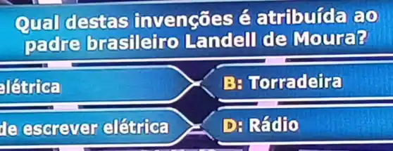 Qual destas invençōes é atribuída 20
peare butastlefro Landell de Mourae
B Torradeira
ile escrever elleutica