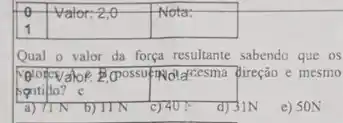 Qual o valor da força resultante sabendo que os
bar (B) cpossufnNotzesma Qireção e mesmo
sentilio? e
c) 401
d) 31N
e) SON