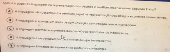 Qualéo papel da linguagem na representação dos desejos e conflitos inconscientes, segundo Freud?
A
A linguagem não desempenha nenhum papel na representação dos desejos e conflitos inconscientes.
B
A linguagem é apenas um meio de comunicação, sem relação com o inconsciente.
C
A linguagem permite a expressão dos conteúdos reprimidos do inconsciente.
D
A linguagem é responsável porreprimir os desejos inconscientes.
E A linguagem é incapaz de expressar os conflitos inconscientes.