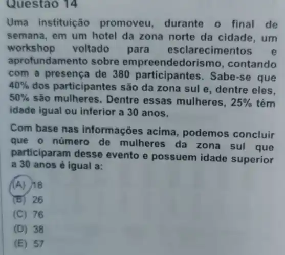 Questao 14
Uma instituic ão promoveu , durante o final de
semana, em um hotel da zona norte da cidade , um
workshop voltado para esclarecime ntos e
aprofundar nento sobre empreendedorismo , contando
com a presença de 380 participantes. Sabe -se que
40%dos participantes são da zona sul e, dentre eles,
50%são mulheres . Dentre essas mulheres, 25%  têm
idade igual ou inferior a 30 anos.
Com base nas informações acima , podemos concluir
que o número de mulheres da zona sul que
participaram desse evento e possuem idade superior
a 30 anos é igual a:
(A)18
(B) 26
76
(D) 38
(E) 57