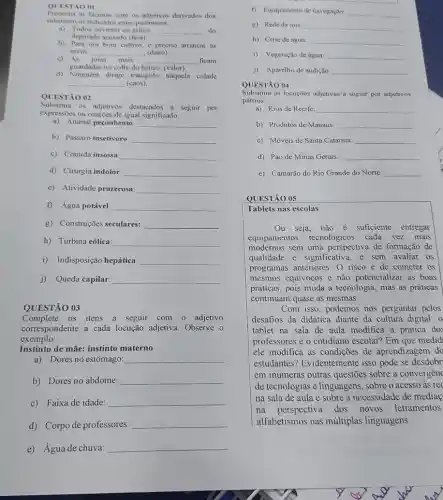 QUESTIO 01
Preencha as lacunas com os derivados dos
substantivos indicados entre parenteses.
a) Todos ouviram os gritos
__ do
deputado ncusado (fera)
b) Parn um bom cultivo.é preciso arrancar as
ervas __ (dano)
c) As joias mais __ ficam
guardadas no cofre do banco. (valor).
d) Ninguém dirige tranquilo naquela cidade
__ (caos).
QUESTÃO 02
Substitua os adjetivos destacados a seguir por
expressóes ou oraçōes de igual significado.
a) Animal peconhento: __
b) Pássaro insetivoro: __
c) Comida insossa __
d) Cirurgia indolor: __
e) Atividade prazerosa: __
f) Água potível: __
g) Construções seculares: __
h) Turbina eólica __
i) Indisposição hepática: __
j) Queda capilar: __
QUESTÃO 03
Complete os itens a seguir com o adjetivo
correspondente a cada locução adjetiva. Observe o
exemplo:
Instinto de mãe: instinto materno
a) Dores no estômago: __
b) Dores no abdome: __
c) Faixa de idade: __
d) Corpo de professores: __
e) Água de chuva: __
__
i) Equipamento de navegaçio: __
g) Rede de rios: __
h) Crise de agun __
i) Vegetação de água __
j) Aparelho de audição: __
QUESTÃO 04
Substitua as locuçōes adjetivas a seguir por adjetivos
pátrios.
a) Rios de Recife: __
b) Produtos de Manaus: __
c) Móveis de Santa Catarina __
d) Páo de Minas Gerais: __
c) Camarão do Rio Grande do Norte __
QUESTÃO 05
Tablets nas escolas
Ou seja, não é suficiente entregar
equipamentos tecnológicos cada vez mais
modernos sem uma perspectiva de formação de
qualidade e significativa e sem avaliar os
programas anteriores. 0 risco é de cometer os
mesmos equivocos e não potencializar as boas
práticas, pois muda a tecnologia, mas as práticas
continuam quase as mesmas.
Com isso, podemos nos perguntar pelos
desafios da didática diante da cultura digital: 0
tablet na sala de aula modifica a pratica dos
professores e o cotidiano escolar? Em que medid
ele modifica as condições de aprendizagem do
estudantes? Evidentemente isso pode se desdobr
em inúmeras outras questões sobre a convergênc
de tecnologias e linguagens sobre o acesso às rec
na sala de aula e sobre a necessidade de mediac
na perspectiva dos novos letramentos
alfabetismos nas múltiplas linguagens.