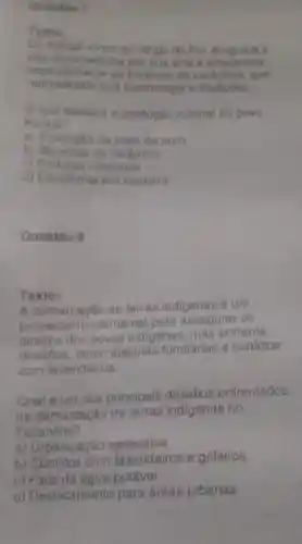 Questio 7
Texto:
Os Karajil vivem ac longo do Rio Araguaia e
salo reconhecidos por sua arte o
as bonecas de ceramica, que
representam sui coemologia e tradicôes.
Oque destaca a producalo cultural do DOVO
Karaia?
a) Produglo de jolas de ouro
b) Bonecas de ceramica
c) Pinturas rupectres
d) Esculturas em madeira
Questio 8
Texto:
A demarcacilo de terras indigenas e um
processo fundamental pare assegurar 05
direitos dos povos indigenas, mas enfrenta
desafios, como disputas fundiarias e conflitos
com fazendeiros.
Qual eum dos principais desafios enfrentados
na demarcação de terras indigenas no
Tocantins?
a) Urbanização excessiva
b) Conflitos com fazendeiros e grileiros
c)potável
d) Desiocamento para dreas urbanas