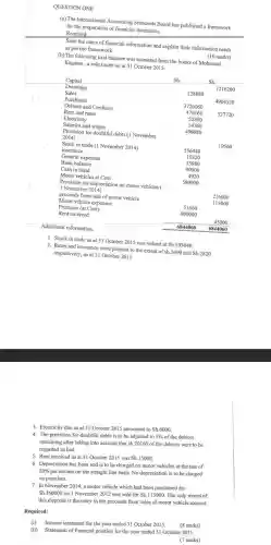 QUESTION ONE
(a) The International Accounting Standards Board has published a framework
for the preparation of financial statements.
Required:
State the users of financial information and explain their information needs
as per the framework	(10 marks)
(b) The following trial balance was extracted from the books of Mohamed
Kagame,a sole trader as at 31 October 2015:
C
Additional information:
1. Stock in trade as at 31 October 2015 was valued lat Sh.593040.
2. Rates and insurance were prepaid to the extent of sh.2400 and Sh.2820
respectively, as at 31 October 2015.
3. Electricity due as at 31 October 2015 amounted to
Sh.6000
4. The provision for doubtful debts is to be adjusted to
5%  of the debtors
remaining after taking into account that
sh.20160 of the debtors were to be
regarded as bad.
5. Rent receivec I as at 31 October 2015 was
Sh.15000
6. Depreciation has been and is to be charged on motor vehicles at the rate of
20% 
per annum on the straight line basis.No depreciation is to be charged
on premises.
7. In Novembe 2014, a motor vehicle which had been purchased for
Sh.160000
on 1 November 2012 was sold for
Sh.115000
The only record of
this disposal is the entry in the proceeds from sales of motor vehicle account.
Required:
(i)
Income statement for the year ended 31 October 2015.
(ii)
Statement of financial position for the year ended 31 October 2015.
(7 marks)