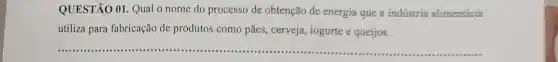 QUESTÃO 01. Qual 0 nome do processo de obtenção de energia que a industria alimenticia
utiliza para fabricação de produtos como pães cerveja, iogurtee queijos.
__