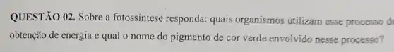 QUESTÃO 02. Sobre a fotossíntese responda:quais organismos utilizam esse processo de
obtenção de energia e qual o nome do pigmento de cor verde envolvido nesse processo?