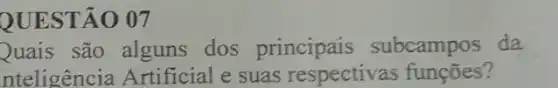 QUESTÃO 07
Quais são alguns dos principais subcampos da
nteligência Artificial e suas respectiva s funções?