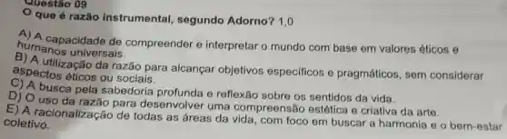 Questão 09
que é razão instrumental segundo Adorno? 1,0
humanos universais.
capacidade de compreender e interpretar o mundo com base em valores éticos e
aspectos éticos ou sociais.
utilização da razão para alcançar objetivos especificos e pragmáticos sem considerar
busca pela sabedoria e reflexão sobre os sentidos da vida.
D) O uso para desenvolver uma compreensão estética e criative da arte.
coletivo.	de todas as áreas da vida, com foco em buscar a harmonia e o bem-estar