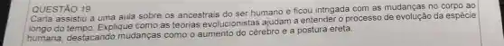 QUESTÃO 19
Carla assistiu a uma aula s sobre os ancestrais do
ser humano e ficou intrigada com as mudanças no corpo ao
longo do Explique c
como as teorias evolucionistas ajudam a entender 0 processo de da espécie
humana destacando mudancas como o
aumento do cérebro e a postura ereta.