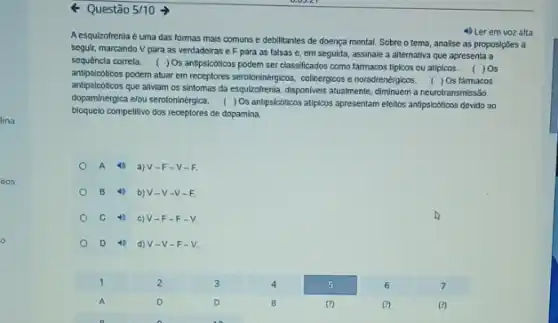 Questão 5/10
A esquizofrenia é uma das formas mais comuns e debilitantes de doença mental. Sobre o tema , analise as proposições a
4) Ler em voz alta
seguir, marcando V para as verdadeiras e F para as falsas e em seguida, assinale a alternativa que apresenta a
sequencia correta.
( ) Os antipsicoticos podem ser classificados como farmacos tipicos ou atipicos . ( )0s
antipsicoticos podem atuar em receptores serotoninergicos, colinergicos noradrenérgicos. ( ) 0s farmacos
dopaminetgica elou serotoninergomes.) Os antipsicóticos atipicos apresentam efellos antipsicbticos devide ao
antipsicoticos que alliviam os sintomas da esquiuraltent, disponveis atualimente, diminuem a neurotransmissão
bloquelo competitivo dos receptores de dopamina.
A 4) a) V-F-V-R
B 40 ) V-V -V-F.
C (1) c) V-F-F-
D (1) d)-V-F -V.