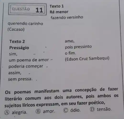 Ré menor
fazendo versinho
querendo carinho
(Cacaso)
Texto 2
Presságio
sim,
um poema de amor -
poderia começar -
assim,
sem pressa.
pois pressinto
fim.
(Edson Cruz Sambaqui)
Os poemas manifestam uma concepção de fazer
literário comum aos dois autores , pois ambos os
sujeitos líricos expressam em seu fazer poético,
A alegria.
(B) amor (C) ódio.
D tensão.