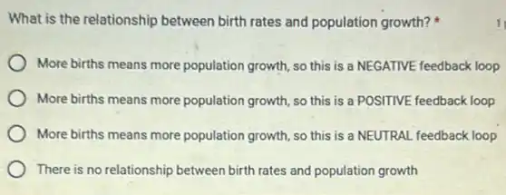 What is the relationship between birth rates and population growth?
More births means more population growth, so this is a NEGATIVE feedback loop
More births means more population growth, so this is a POSITIVE feedback loop
More births means more population growth, so this is a NEUTRAL feedback loop
There is no relationship between birth rates and population growth
1