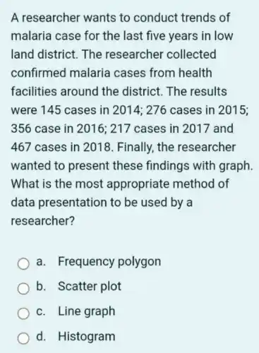 A researcher wants to conduct trends of
malaria case for the last five years in low
land district. The researcher collected
confirmed malaria cases from health
facilities around the district. The results
were 145 cases in 2014; 276 cases in 2015;
356 case in 2016 : 217 cases in 2017 and
467 cases in 2018. Finally, the researcher
wanted to present these findings with graph.
What is the most appropriate method of
data presentation to be used by , a
researcher?
a. Frequency polygon
b. Scatter plot
c. Line graph
d. Histogram