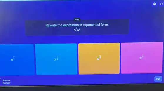 Rewrite the expression in exponential form.
[
sqrt(x^7)
]