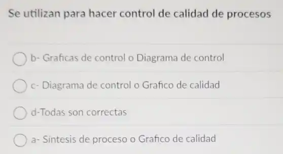 Se utilizan para hacer control de calidad de procesos
b- Graficas de control o Diagrama de control
c- Diagrama de control c Grafico de calidad
d-Todas son correctas
a- Sintesis de proceso o Grafico de calidad