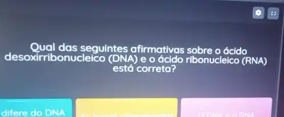 seguintes afirmativas sobre e o ácido
oxirribonucleico
está corretai
bonucleico (RNA)
difere do DNA
square 
DNA e o RNA