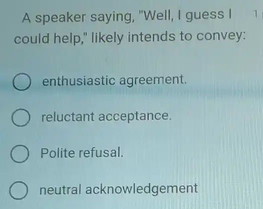 A speaker saying "Well, I guess I 11
could help," likely intends to convey:
enthusiastic agreement.
reluctant acceptance.
Polite refusal.
neutral acknowledgement