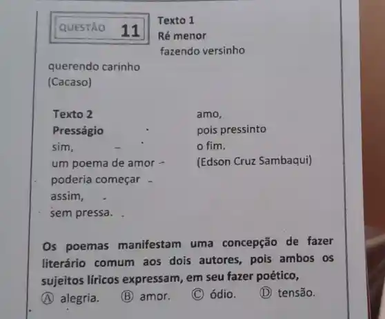 Texto
QUESTÃO 11
Ré menor
fazendo versinho
Os poemas manifestam I uma concepção de fazer
literário comum aos dois autores pois ambos os
sujeitos líricos expressam , em seu fazer poético,
A alegria.
(B) amor.
C ódio.
(D) tensão.